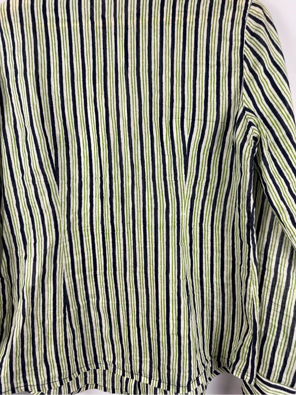 Tory burch green navy white stripe button down blouse with gold detail size 10